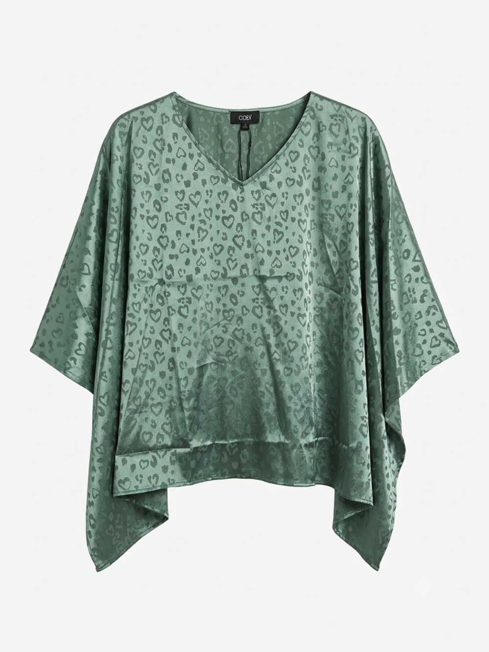 Oddi Satin Jacquard Heart Animal Print V-Neck Poncho Blouse Medium Oversized